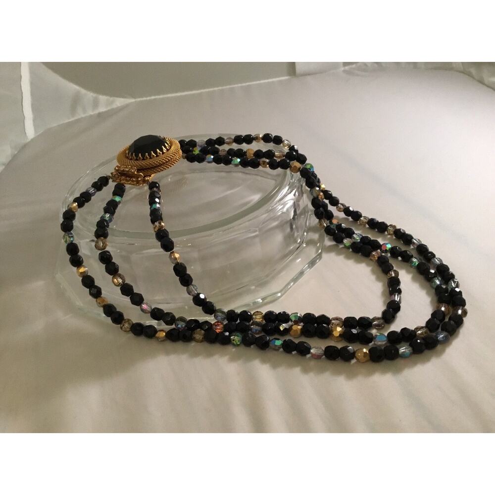 VTG Original by Robert Black Glass/Crystal Beads 3 Strand Necklace Faceted Clasp